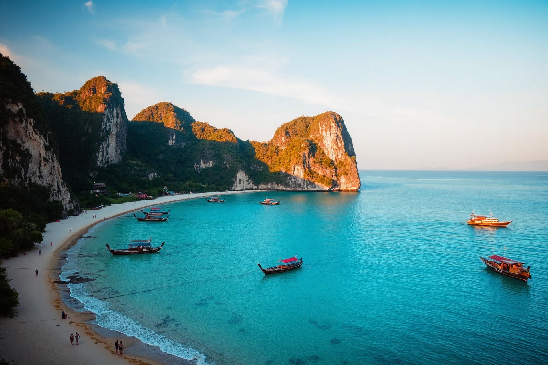 Longtail boats on turquoise water below limestone cliffs in Thailand